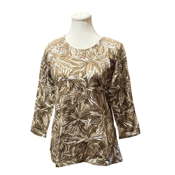 Appleseed's Tops - Appleseed's Floral Print Top Brown Beige Cream 3/4 Sleeve Women's‎ Small